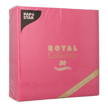 A fuchsia-colored package PAPSTAR 50 "ROYAL Collection" napkins, 1/4-fold (40 x 40 cm) from the PAPSTAR GmbH, sealed in plastic to preserve freshness.