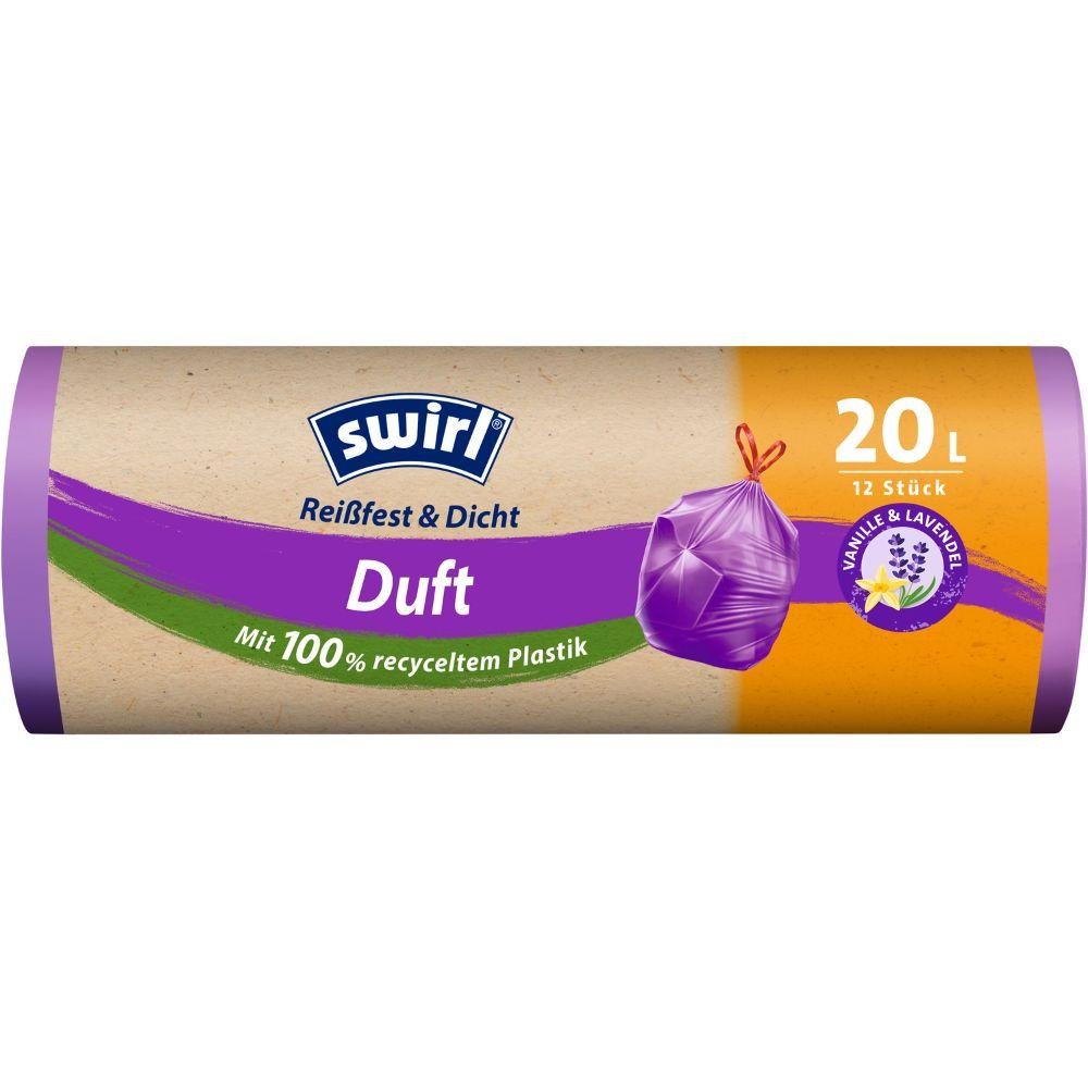 Eine Rolle Melitta Swirl Duft-Müllbeutel Vanille-Lavendel 20l (12 Beutel), reißfest & dicht, in braun-lila Verpackung mit Lavendelgrafik und deutschen Produktdetails, aus 100 % recyceltem Kunststoff.