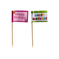 With the PAPSTAR GmbH Deko-Picker "Happy Birthday" cocktail stick flags (8 cm, pack of 20) add a festive touch to your party treats—fun, colorful decorations for any birthday party!