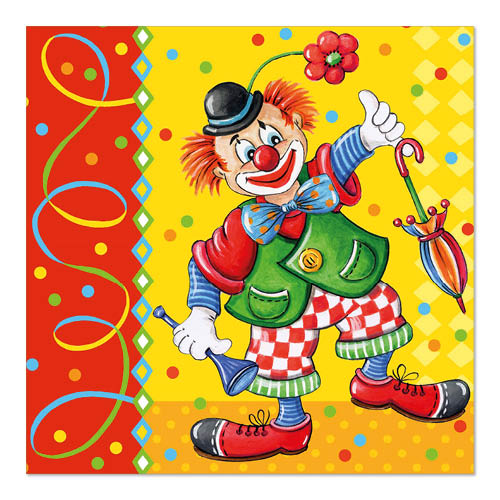 A cartoon clown with orange hair, red nose, and big shoes stands on a colorful background. He holds a blue horn and 100 PAPSTAR napkins (3-ply, 33x33cm) from PAPSTAR GmbH as well as a striped umbrella. The clown wears a bow tie and a hat with a flower tip.