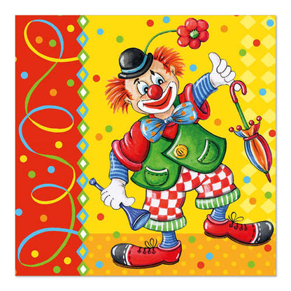 A cartoon clown with orange hair, red nose, and big shoes stands on a colorful background. He holds a blue horn and 100 PAPSTAR napkins (3-ply, 33x33cm) from PAPSTAR GmbH as well as a striped umbrella. The clown wears a bow tie and a hat with a flower tip.