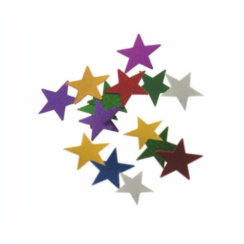 Der farbenfrohe PAPSTAR Deko-Streuschmuck "Stars" (farbige Folie Ø 1 cm, 20 g) der PAPSTAR GmbH setzt als Tischdekoration auf weißem Untergrund bunte Akzente.