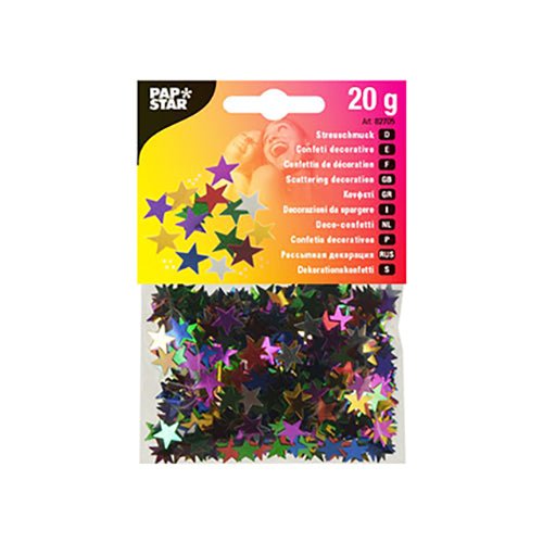 PAPSTAR Deko-Streuschmuck "Stars" (farbige Folie, Ø 1 cm, 20 g Beutel) von PAPSTAR GmbH ist perfekt für Tischdekoration. Die bunten Sterne sind durch das transparente Fenster im unteren Teil der Verpackung sichtbar.