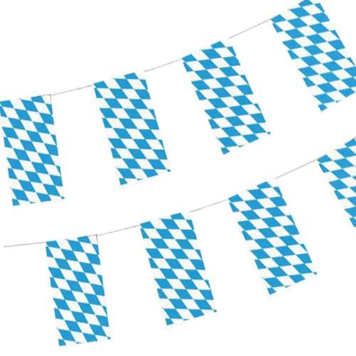 Two PAPSTAR Paper flag garlands (10 m, flame-retardant) in Bavarian blue hang diagonally. Each features the classic diamond pattern, perfectly from the PAPSTAR GmbH for Oktoberfest or festive occasions. Bag contains 1 piece.