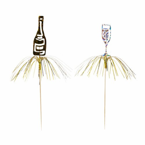 Der PAPSTAR 10 Deko-Picker der PAPSTAR GmbH umfasst Cocktail-Picker mit metallischen Folienfransen, die mit Dekorationen in Flaschen- und Weinglasform versehen sind – ideal als festliche Deko-Picker für Partys.