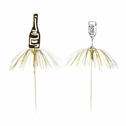 Der PAPSTAR 10 Deko-Picker der PAPSTAR GmbH umfasst Cocktail-Picker mit metallischen Folienfransen, die mit Dekorationen in Flaschen- und Weinglasform versehen sind – ideal als festliche Deko-Picker für Partys.