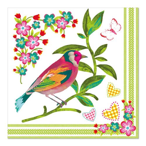 The PAPSTAR 20 napkins, 33x33 cm, 3-ply from PAPSTAR GmbH feature a colorful bird on a leafy branch with pink and yellow flowers, butterflies, hearts, and a green patterned border on two edges.