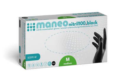 Eine rechteckige Schachtel der ARNOWA GmbH MANEO Nitril-Handschuhe, hygienisch und strapazierfähig, in mittlerer Größe. Die weiße Verpackung mit blaugrünen und schwarzen Details zeigt eine Hand, die auf der rechten Seite einen schwarzen Handschuh trägt.