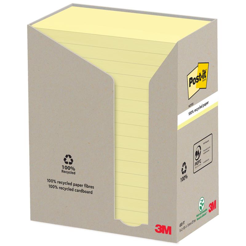 A box of 3M Post-it® Recycling Notes (76 mm x 127 mm, 100 sheets, 100% PEFC) from 3M Deutschland GmbH is partially cut open to show the stacked notes inside and features recycling symbols and branding on the packaging.