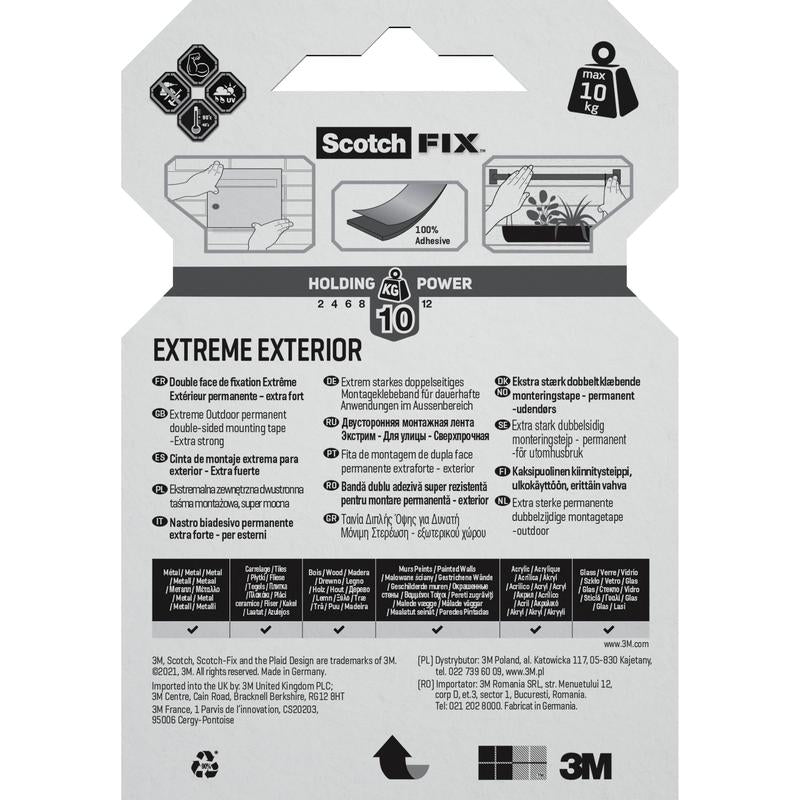 Back of a Scotch-FIX™ Extreme double-sided outdoor mounting tape package from 3M Deutschland GmbH. The features are displayed in multiple languages, with symbols for bricks and mailboxes, and a maximum holding power of 10 kg is indicated. The 3M branding is at the bottom edge.