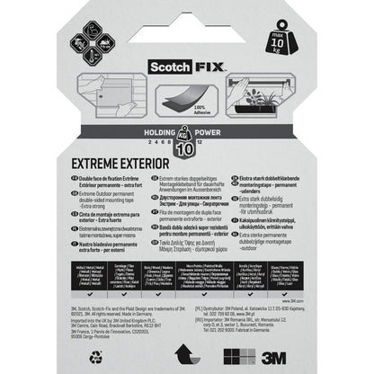 Back of a Scotch-FIX™ Extreme double-sided outdoor mounting tape package from 3M Deutschland GmbH. The features are displayed in multiple languages, with symbols for bricks and mailboxes, and a maximum holding power of 10 kg is indicated. The 3M branding is at the bottom edge.