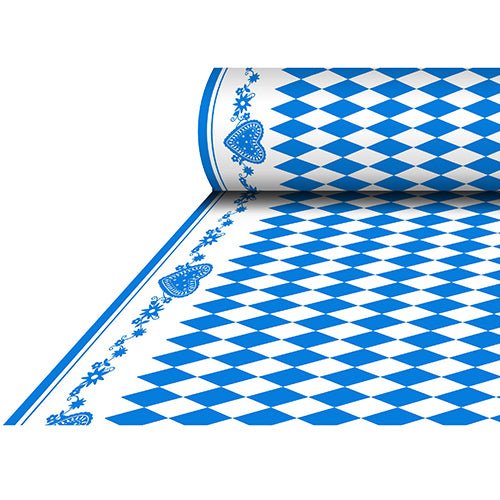 Die PAPSTAR Tischdecke Airlaid, Bayrisch Blau (25 m x 1,18 m), zeigt ein blau-weißes Rautenmuster mit blauen Herz- und Blumenbordüren; geliefert als Rolle in Schrumpffolie von PAPSTAR GmbH.