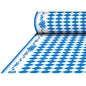 Die PAPSTAR Tischdecke Airlaid, Bayrisch Blau (25 m x 1,18 m), zeigt ein blau-weißes Rautenmuster mit blauen Herz- und Blumenbordüren; geliefert als Rolle in Schrumpffolie von PAPSTAR GmbH.