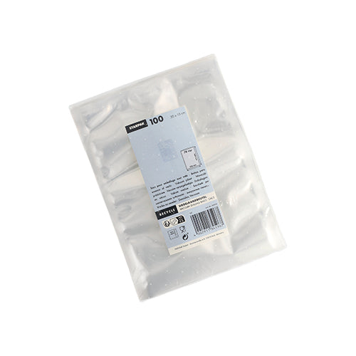 A sealed Starpak 100 vacuum bag, PA/PE transparent, shown from above with a visible label - an ideal clear packaging for use with a chamber vacuum sealer when vacuuming food.