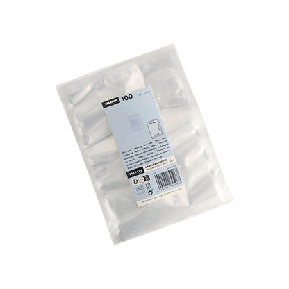 A sealed Starpak 100 vacuum bag, PA/PE transparent, shown from above with a visible label - an ideal clear packaging for use with a chamber vacuum sealer when vacuuming food.