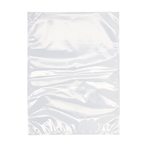 A Starpak 100 vacuum seal bag, PA / PE transparent, from Starpak lies flat on a white background. This smooth, slightly crumpled bag is ideal for chamber vacuum sealers to keep food fresh.
