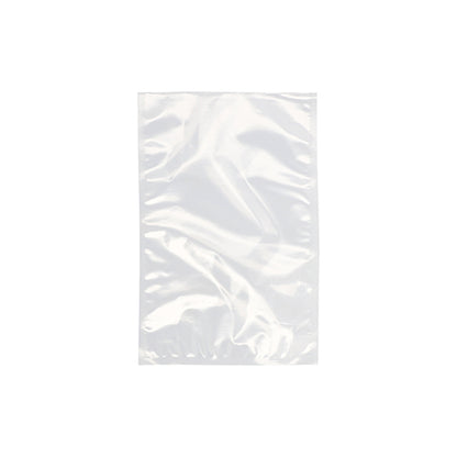A Starpak 100 vacuum seal bag, PA/PE transparent from Starpak is depicted empty and clear against a white background. The rectangular plastic bag, frequently used with chamber vacuum sealers, appears flat and slightly crumpled.
