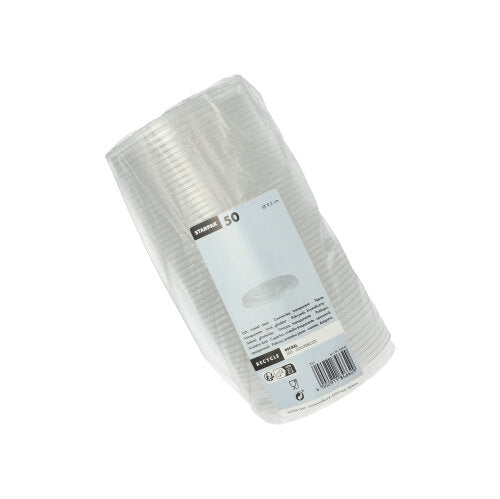 Eine Packung mit 50 runden, durchsichtigen Starpak „Hurricane“-Einwegbechern aus PET, in Plastikfolie eingewickelt und mit einem Etikett mit Menge und Produktinformationen versehen.