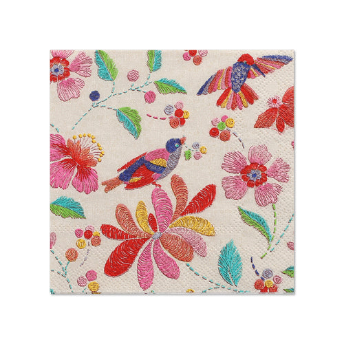 PAPSTAR 20 Servietten, 25x25 cm, 3-lagig von PAPSTAR GmbH: Bunte Servietten mit gesticktem Vogel- und Blumenmuster in Rot, Pink, Grün, Gelb und Blau auf hellem Grund – ideal als stilvolle Tischdekoration.