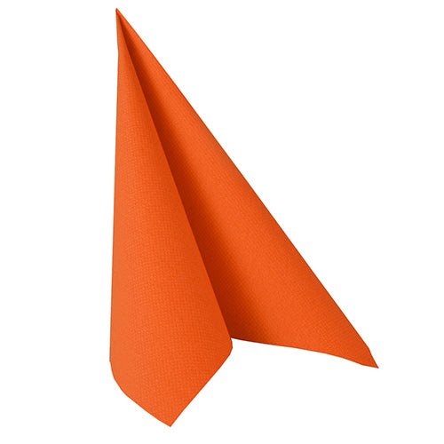 The Napkin PAPSTAR GmbH 50 napkins from the "ROYAL Collection," 1/4-fold, 40 x 40 cm, in nectarine, are folded into a standing triangle on a white background, highlighting their elegant design.