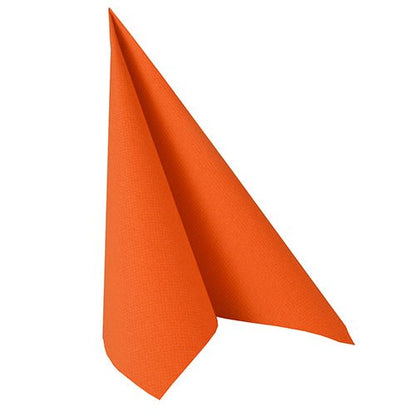 The Napkin PAPSTAR GmbH 50 napkins from the "ROYAL Collection," 1/4-fold, 40 x 40 cm, in nectarine, are folded into a standing triangle on a white background, highlighting their elegant design.