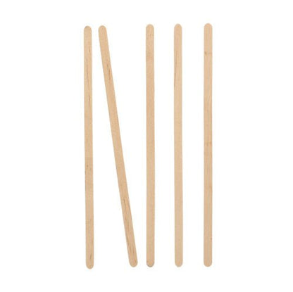 Five PAPSTAR stirring sticks made from FSC®-certified wood, 17.8 cm, are arranged vertically on a white background - the second from the left is tilted to the right.