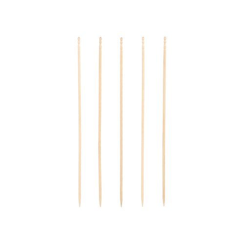 Fünf PAPSTAR Fingerfood-Picker "pure", 15 cm, elegant gedrechselt, sind vertikal vor weißem Hintergrund angeordnet. Die Holzspieße von PAPSTAR GmbH haben ein angespitztes Ende und abgerundeten Kopf - perfekt fürs Catering.