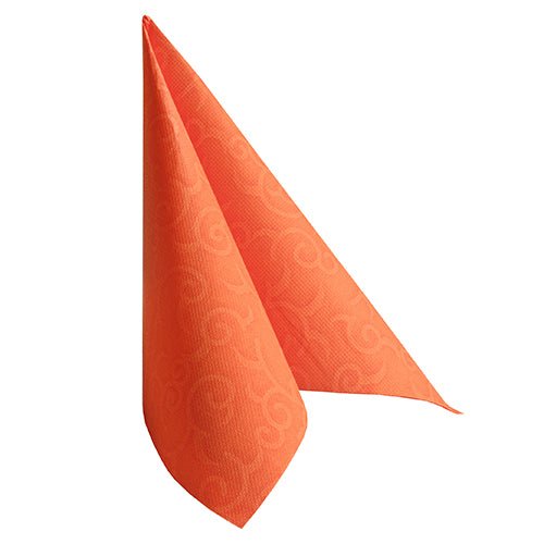 A standing nectarine is depicted on a white background PAPSTAR 50 "ROYAL Collection" 1/4-fold napkins (40 x 40 cm) from the PAPSTAR A GmbH logo is depicted, folded into a triangle with a subtle swirl pattern.