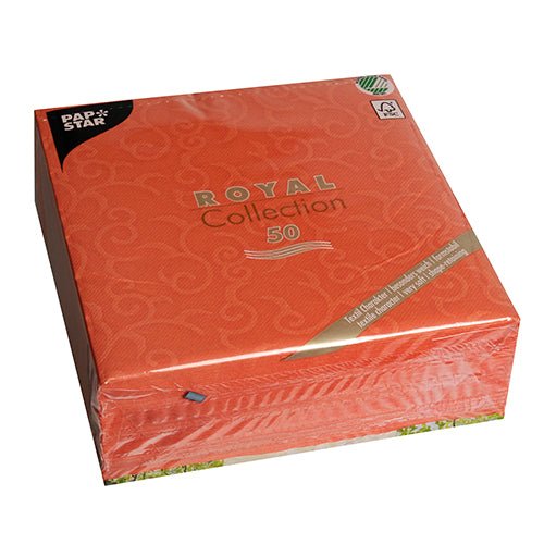A pack of 50 "ROYAL Collection" napkins in nectarine from PAPSTAR GmbH (40 x 40 cm, 1/4 fold), in plastic packaging with a subtle decorative pattern and gold/white text on the front.