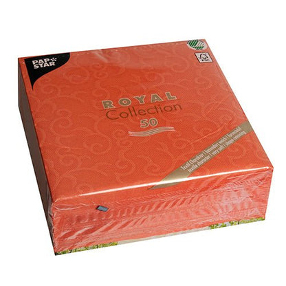 A pack of 50 "ROYAL Collection" napkins in nectarine from PAPSTAR GmbH (40 x 40 cm, 1/4 fold), in plastic packaging with a subtle decorative pattern and gold/white text on the front.