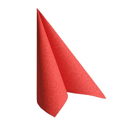 A PAPSTAR 50 napkins "ROYAL Collection" 1/4-fold 40 x 40 cm red from PAPSTAR GmbH stands upright, folded in a triangular, tent-like shape with a subtle swirl design - ideal as high-quality napkins for any occasion.