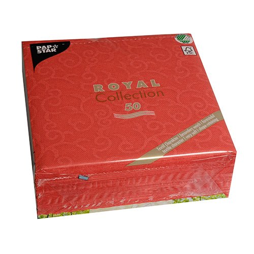 A red square package from PAPSTAR GmbH with the inscription "ROYAL Collection" contains 50 red napkins (40 x 40 cm, 1/4-fold), packed in clear plastic and adorned with golden accents and the PAPSTAR logo.