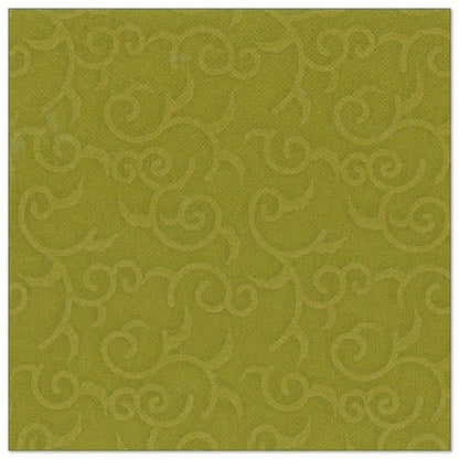 Square, textured olive green napkin from the ROYAL Collection by PAPSTAR GmbH (40x40 cm, 1/4-fold) with a subtle, raised tendril pattern evenly distributed over the surface. The package contains 50 napkins.