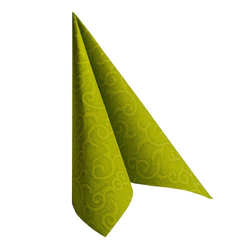 A folded green PAPSTAR GmbH "ROYAL Collection" napkin 40 x 40 cm (1/4-fold) stands upright in a triangular shape on a white background.