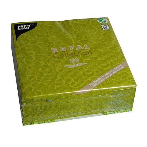 A package with 50 PAPSTAR napkins "ROYAL Collection" 1/4-fold, 40 x 40 cm in green by PAPSTAR GmbH is delivered in a clear packaging showing the brand and product details on the front.