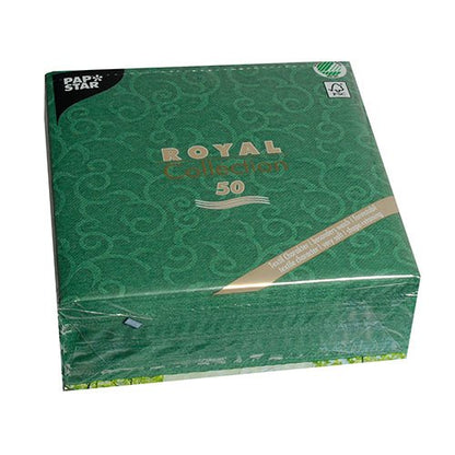 A package with 50 PAPSTAR GmbH napkins "ROYAL Collection" 1/4-fold, green, 40 x 40 cm, elegantly designed paper napkins from the Royal Collection.