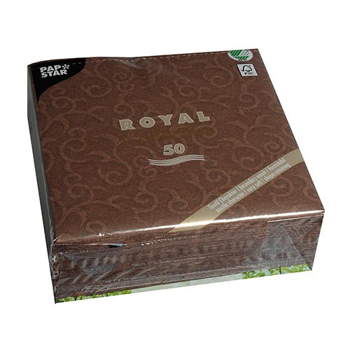 A sealed package of 50 brown PAPSTAR "ROYAL Collection" 1/4-fold napkins in 40 x 40 cm size with swirl pattern; the front reads "ROYAL" and the brand PAPSTAR GmbH is depicted in the top left corner.