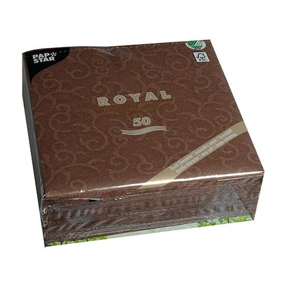 A sealed package of 50 brown PAPSTAR "ROYAL Collection" 1/4-fold napkins in 40 x 40 cm size with swirl pattern; the front reads "ROYAL" and the brand PAPSTAR GmbH is depicted in the top left corner.