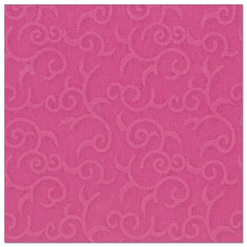 The fuchsia-colored, square napkin (40x40 cm) from the ROYAL collection of the PAPSTAR The GmbH logo features an embossed, swirling vine pattern.