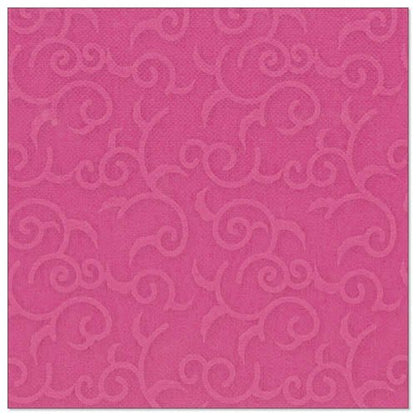 The fuchsia-colored, square napkin (40x40 cm) from the ROYAL collection of the PAPSTAR The GmbH logo features an embossed, swirling vine pattern.