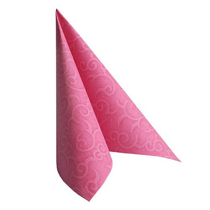The PAPSTAR 50 "ROYAL Collection" napkins, 1/4-fold, 40 x 40 cm, in fuchsia, from PAPSTAR GmbH features a subtle swirl pattern and is depicted folded into a triangular shape, standing on end, against a white background.
