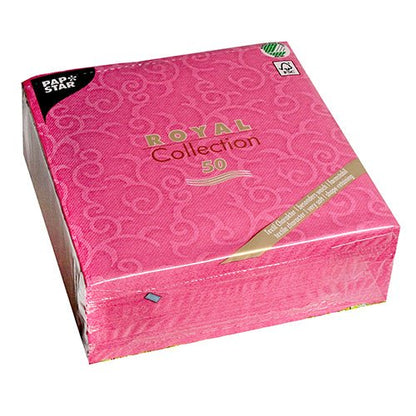 A fuchsia-colored, square package containing 50 PAPSTAR "ROYAL Collection" 1/4-fold napkins (40 x 40 cm) from the PAPSTAR GmbH, packaged in plastic with a decorative swirl pattern and the Papstar-Logo in the upper-left corner.