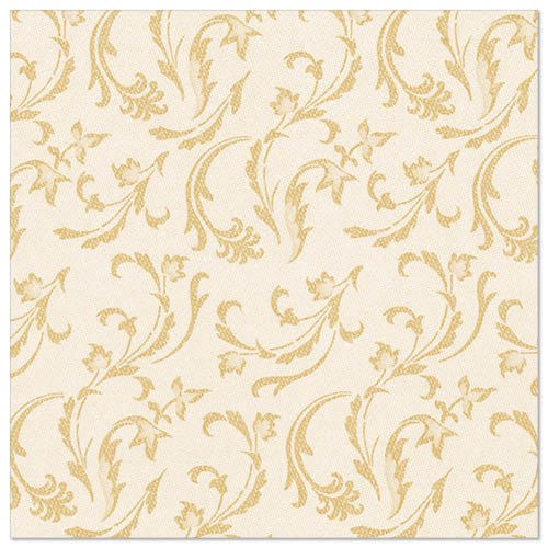 Die PAPSTAR 50 Servietten "ROYAL Collection" 1/4-Falz 40 x 40 cm in Champagner der PAPSTAR GmbH zeigen ein klassisches, dekoratives Blumen- und Rankendesign in Gold auf beigem Hintergrund und verleihen jedem gedeckten Tisch Eleganz.