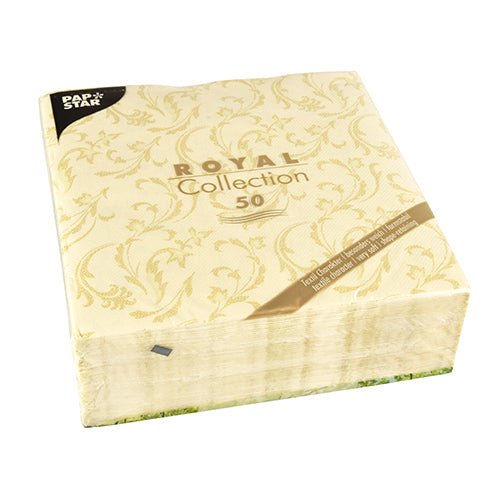 Eine Packung mit 50 PAPSTAR Servietten "ROYAL Collection" (40 x 40 cm, champagnerfarben, 1/4-fach gefaltet) der PAPSTAR GmbH, kunststoffverpackt mit einem dekorativen Muster und einem schwarzen Etikett in der linken oberen Ecke.