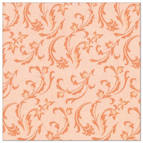 The PAPSTAR 50 "ROYAL Collection" napkins, 1/4-fold, 40 x 40 cm, in nectarine PAPSTAR GmbH has a peach-colored background with a repeating, ornate pattern of flowers and vines in a darker shade of orange.