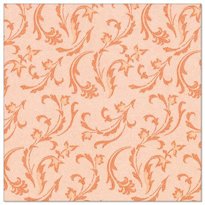 The PAPSTAR 50 "ROYAL Collection" napkins, 1/4-fold, 40 x 40 cm, in nectarine PAPSTAR GmbH has a peach-colored background with a repeating, ornate pattern of flowers and vines in a darker shade of orange.