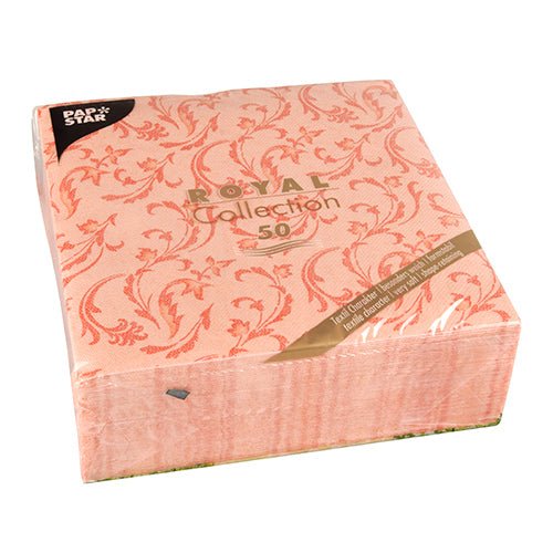 A pack of 50 "ROYAL Collection" napkins from the PAPSTAR GmbH (40x40 cm, folded in quarters) in nectarine with a floral pattern, packaged in plastic. The label reads "ROYAL Collection 50" and the PAPSTAR Napkin logo in the upper left corner.