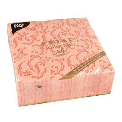 A pack of 50 "ROYAL Collection" napkins from the PAPSTAR GmbH (40x40 cm, folded in quarters) in nectarine with a floral pattern, packaged in plastic. The label reads "ROYAL Collection 50" and the PAPSTAR Napkin logo in the upper left corner.