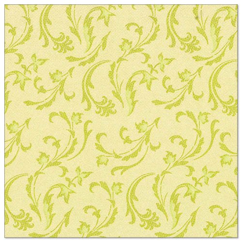 Light yellow napkins with a repeating green leaf tendril and floral pattern, inspired by the 50 napkins "ROYAL Collection" 1/4-fold 40 x 40 cm green by PAPSTAR GmbH, offer an elegant decorative touch.