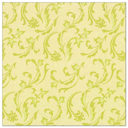 Light yellow napkins with a repeating green leaf tendril and floral pattern, inspired by the 50 napkins "ROYAL Collection" 1/4-fold 40 x 40 cm green by PAPSTAR GmbH, offer an elegant decorative touch.